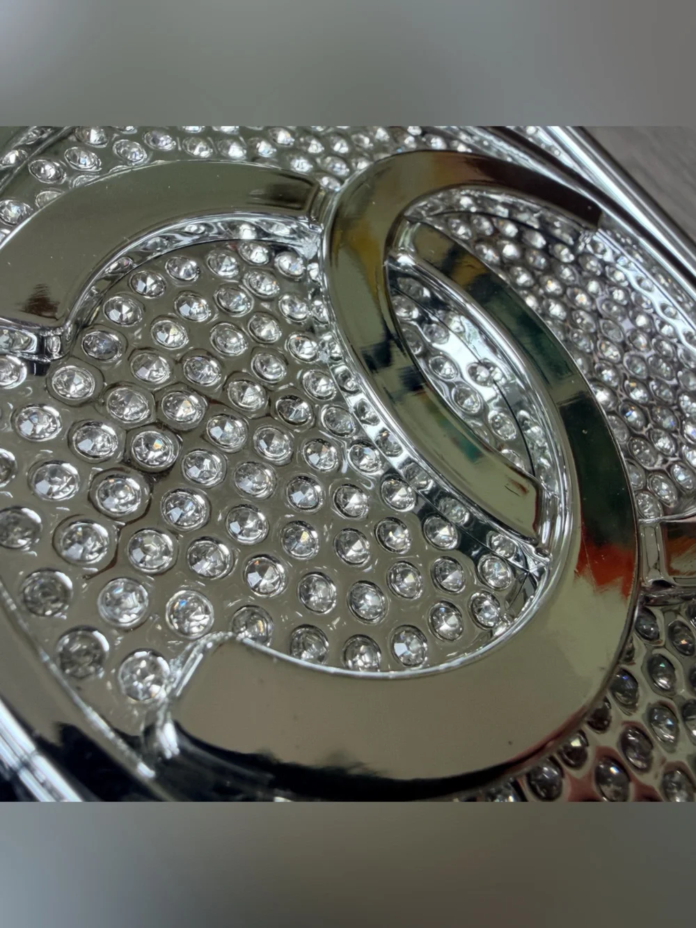 SEALED Source Unknown Silver Chanel Crystal Inset Perfume Bottle Clutch on Chain